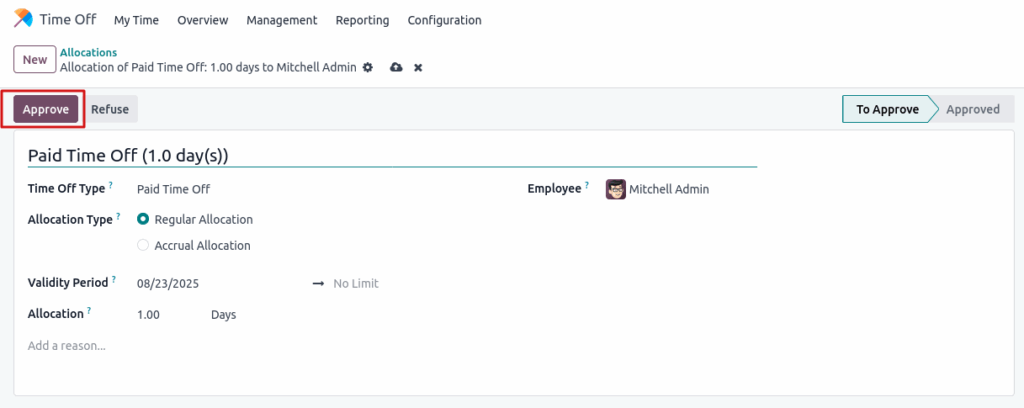 Odoo time off allocate timeoff create view
