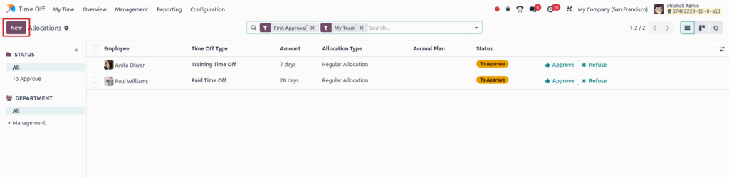 Odoo time off allocate timeoff tree view