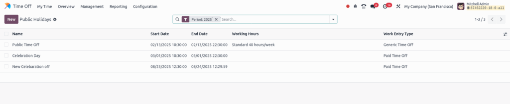 Odoo time off public holidays tree view