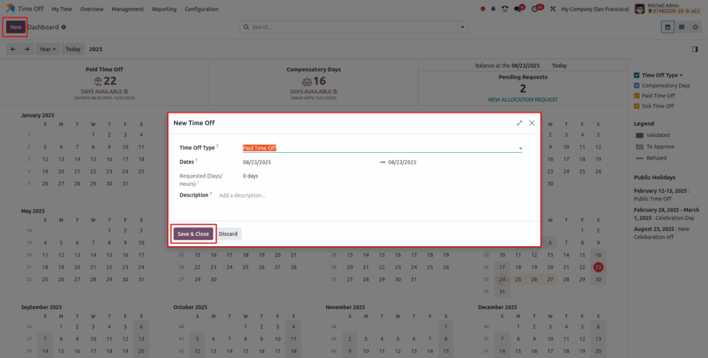 Odoo time off request timeoff dashboard view