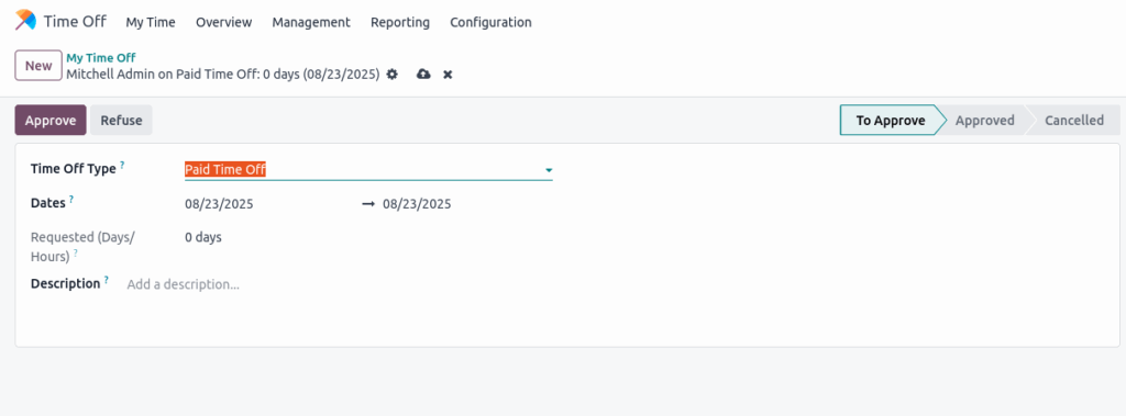 Odoo time off request timeoff form view