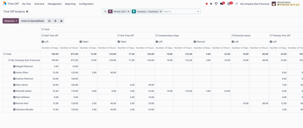 Odoo time off time off by balance report view