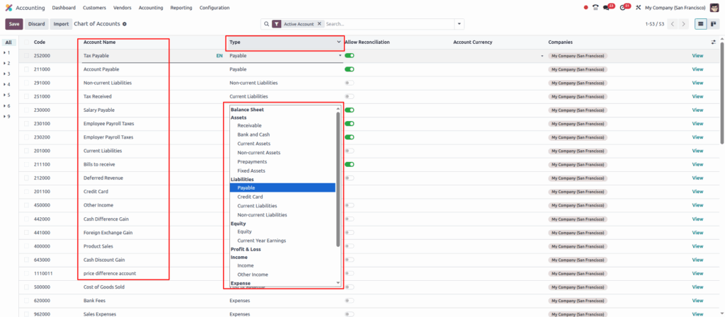 odoo Accounting Chart-of-Accounts