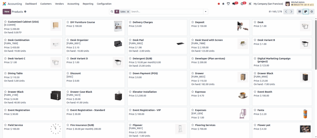 odoo accounting Products