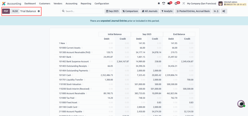 odoo accounting Trail Balance
