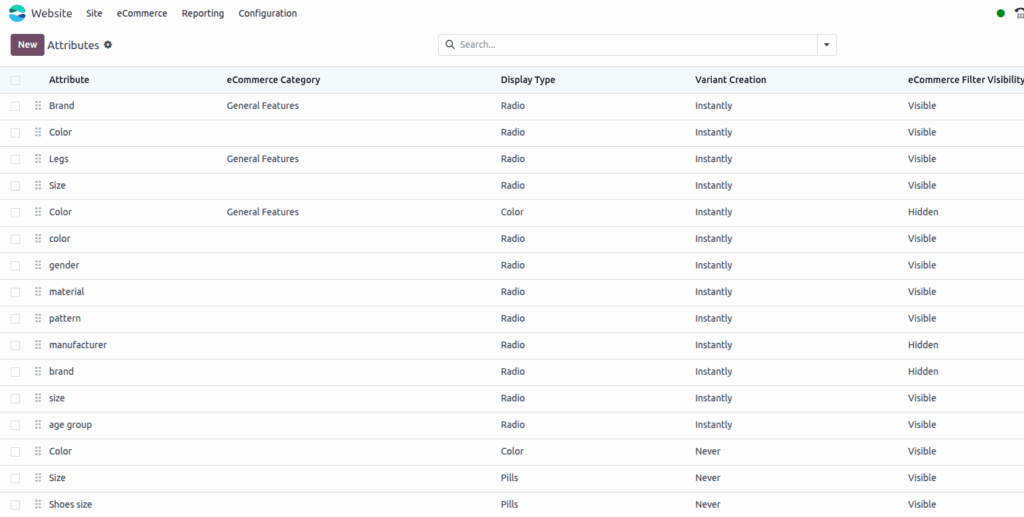 odoo eCommerce Attributes