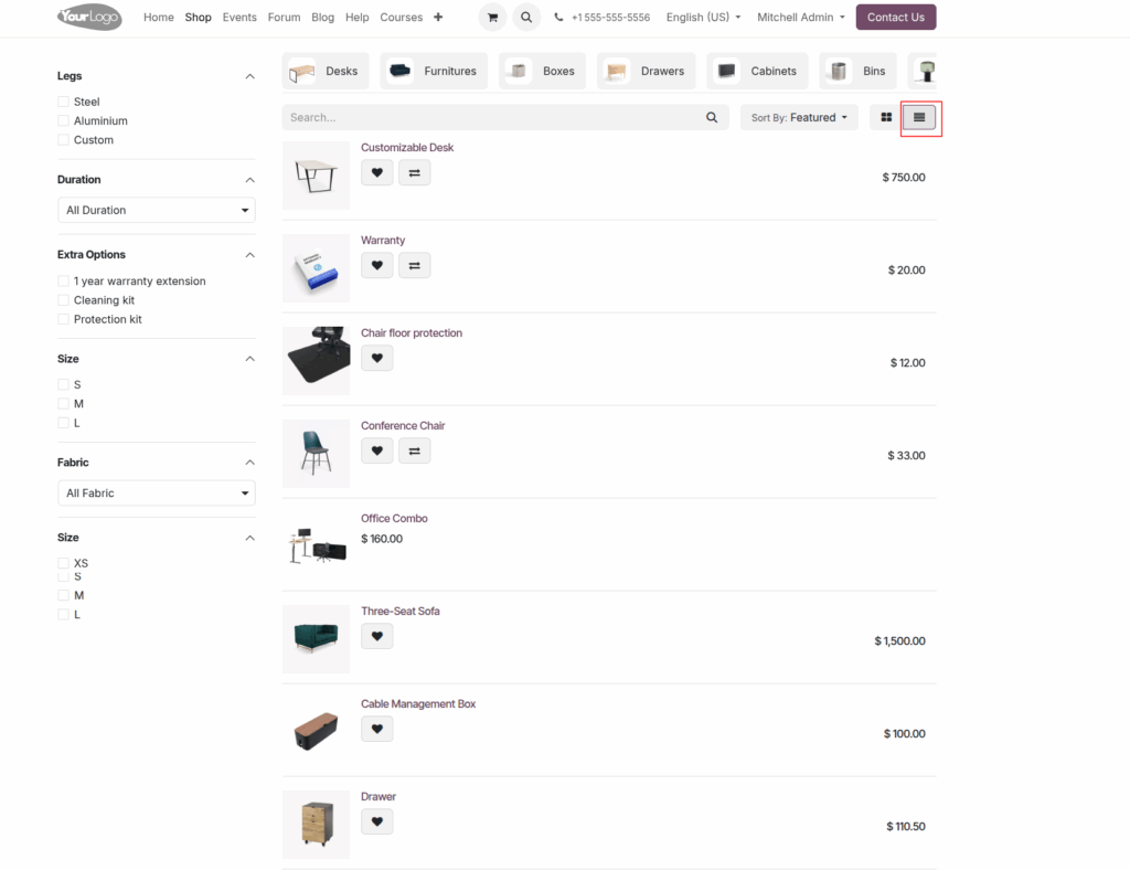 odoo eCommerce Products list view