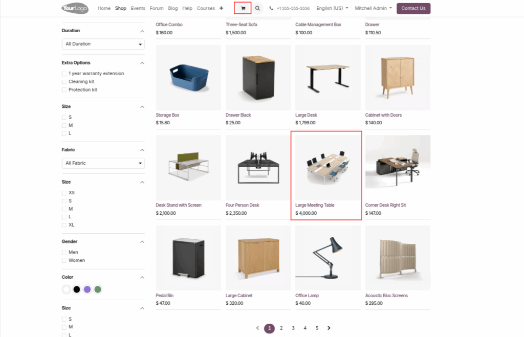 odoo eCommerce Products page