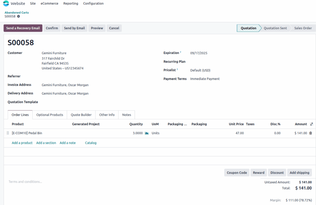 odoo eCommerce abandon