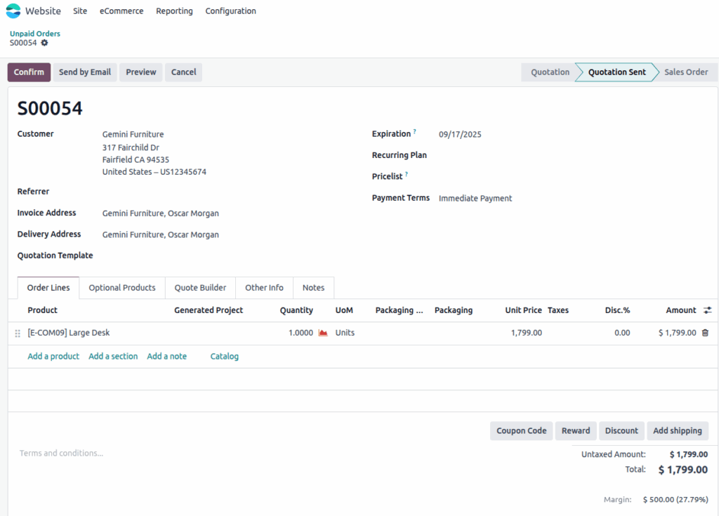 odoo eCommerce unpaid orders