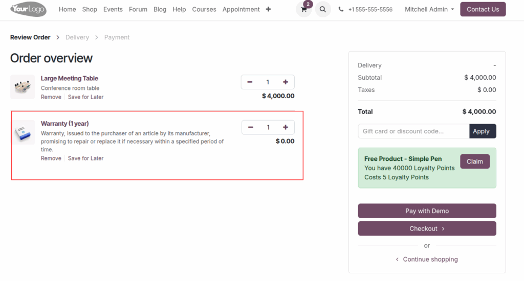 odoo eCommerceWith Warrenty