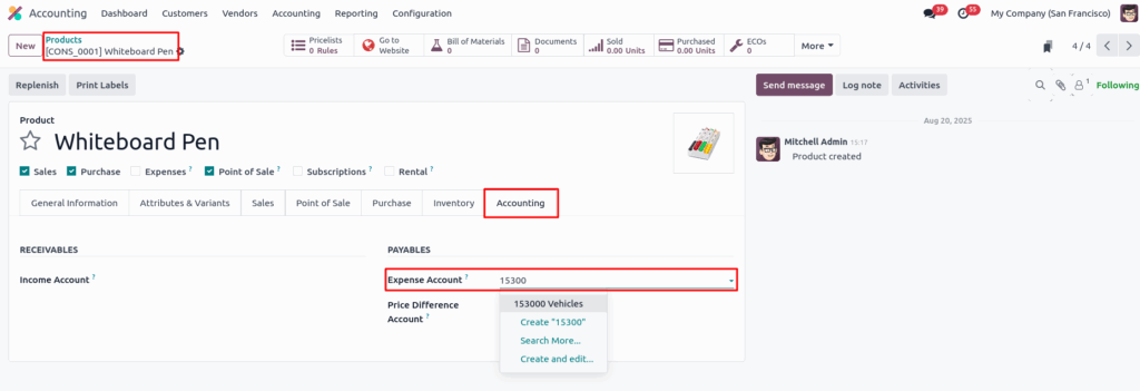 odoo screenshot Assign a Expense Account to Product