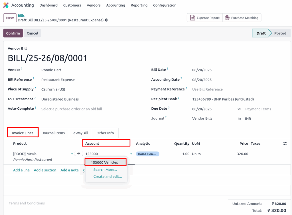 odoo screenshot Correct Account on a Draft Bill View