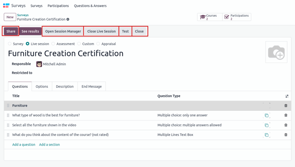 odoo screenshot Surveys Form Button Views view