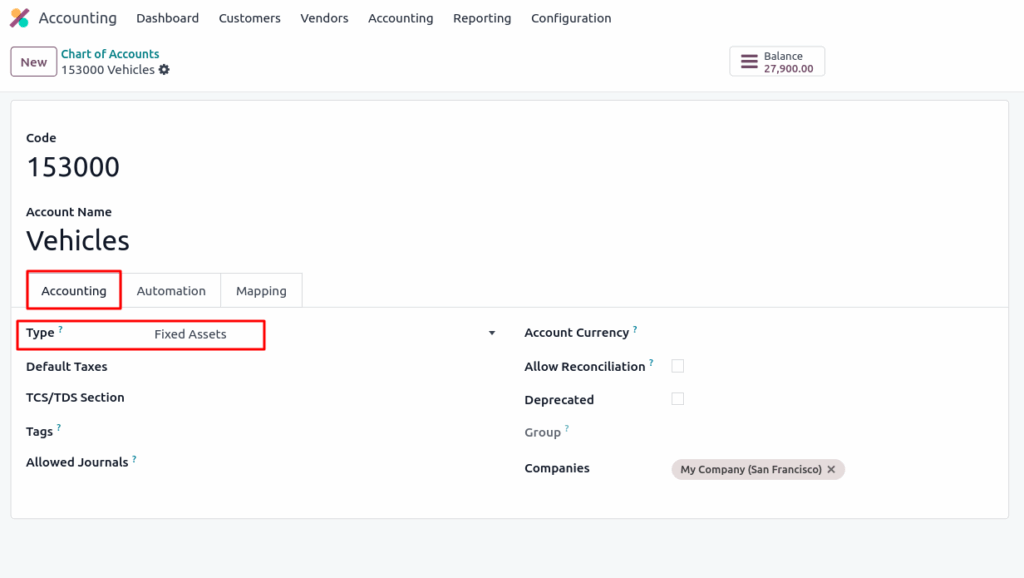 odoo screenshot asset account configuration form view