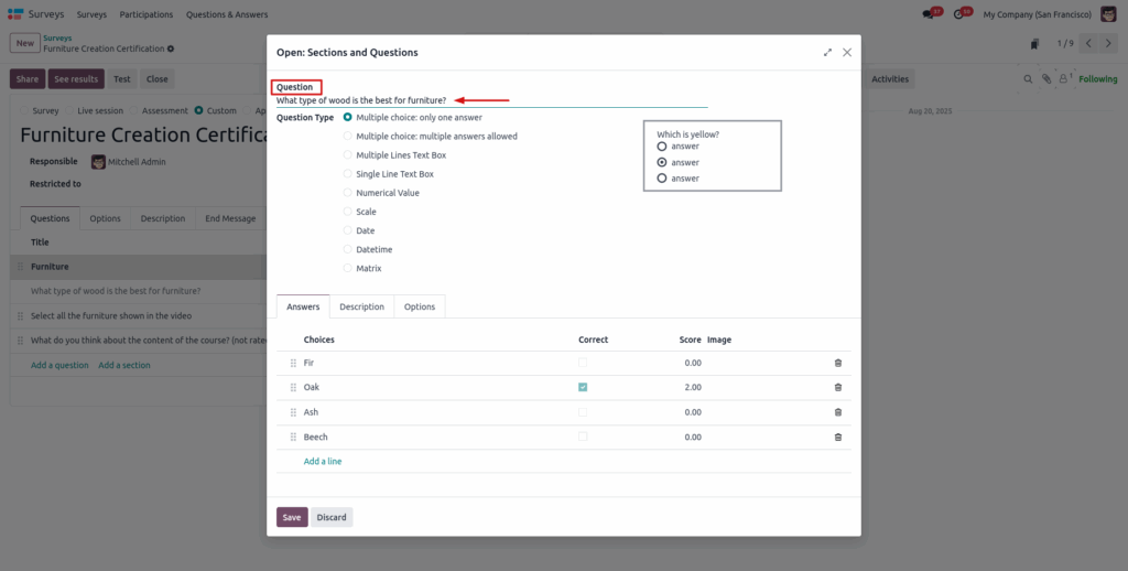 odoo screenshot surveys configure questions view