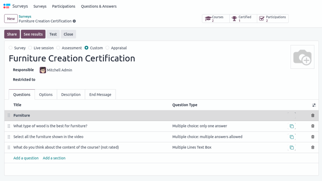 odoo screenshot surveys form view