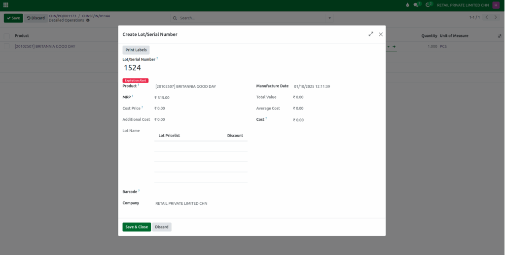 Odoo GR  Manufacturing Date