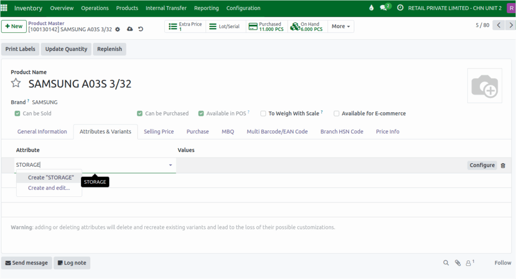 Odoo  Inventory  Add Attributes to a Product