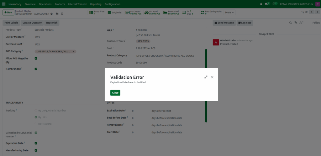 Odoo Inventory Expiration Date Validation