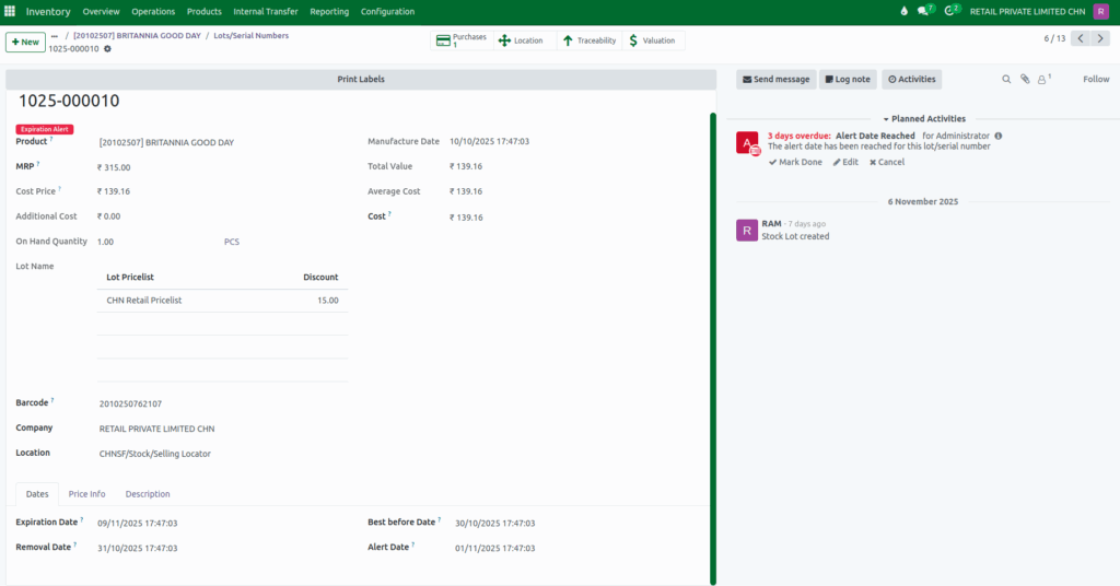 Odoo Inventory Expiration Dates in the Lot