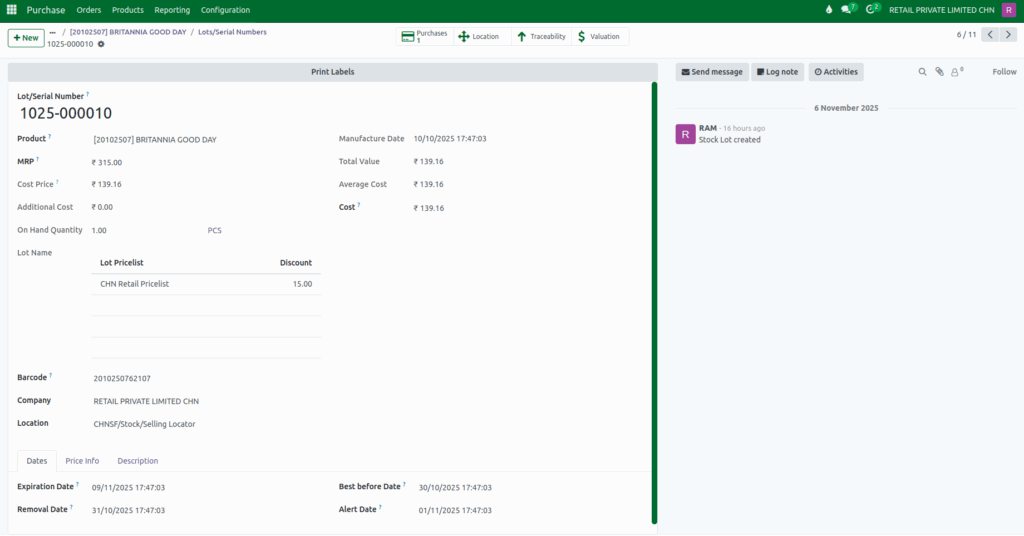 Odoo Inventory Lot Expiration Date fields