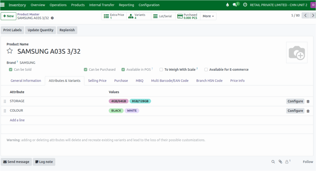 Odoo  Inventory  Multiple Values for Each Attribute