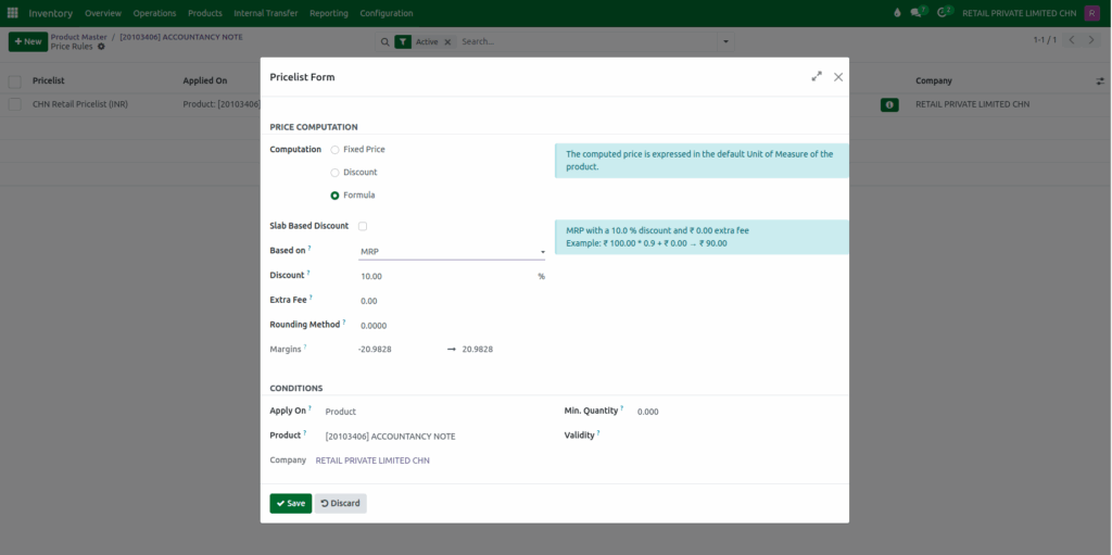 Odoo Inventory  Price list Setup