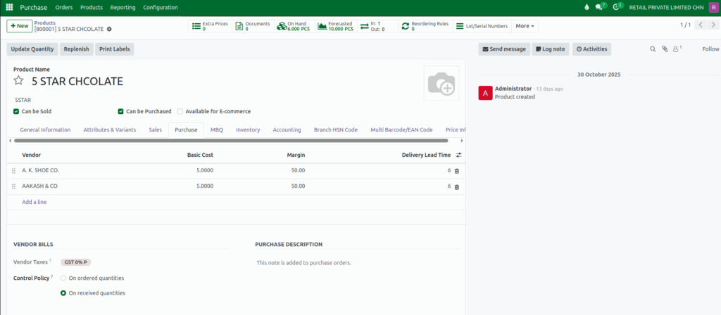Odoo Inventory Vendor Change in Product