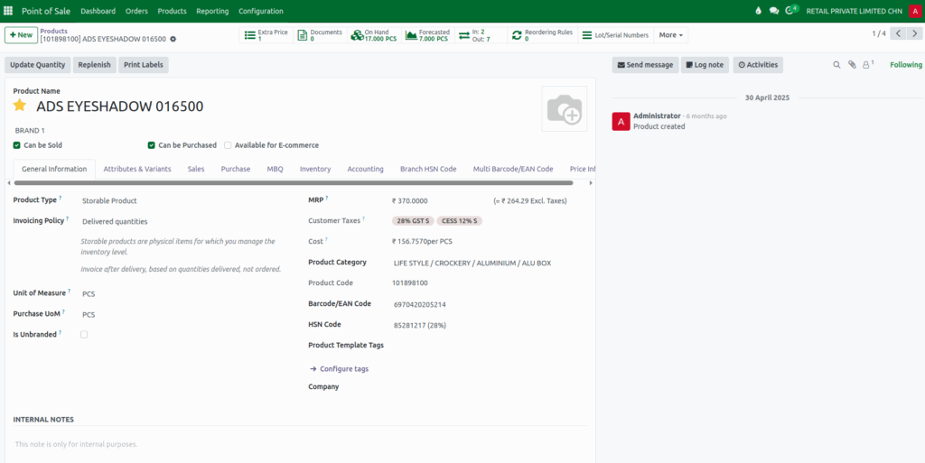 Odoo POS CESS Product Configuration
