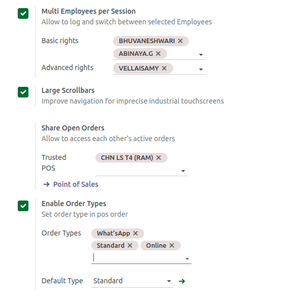 Odoo POS Large Scrollbars, Share Open Orders, Order Types