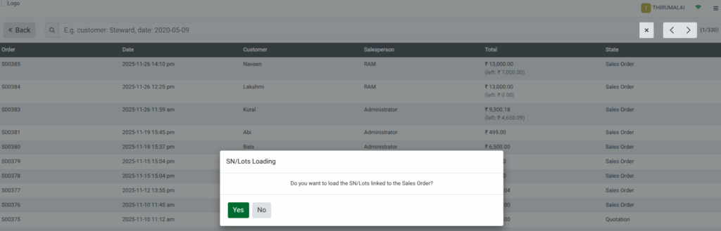 Odoo POS Loading the Order