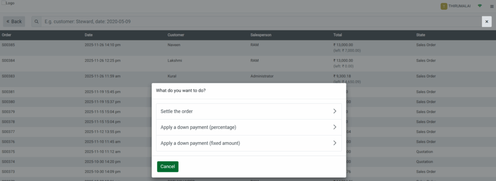 Odoo POS Options in Sales Order Selection