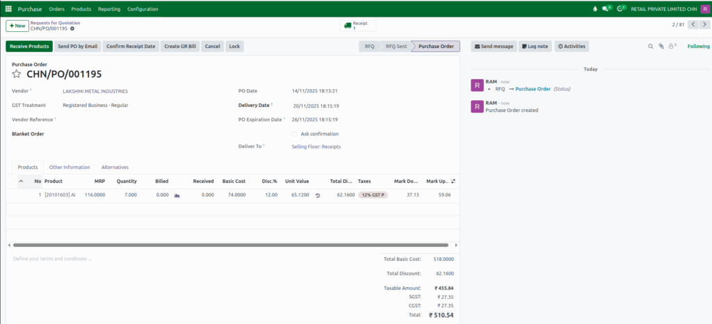 Odoo Purchase  Confirm RFQ