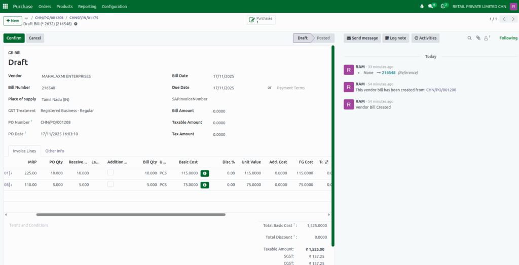 Odoo Purchase  Create GR Bill 