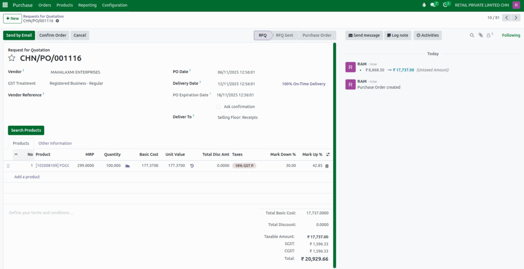 Odoo Purchase Create Purchase Order