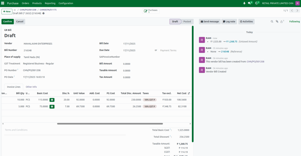 Odoo  Purchase  Discount in GR Bill 