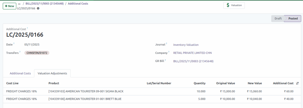 Odoo Purchase  Freight Charges split up