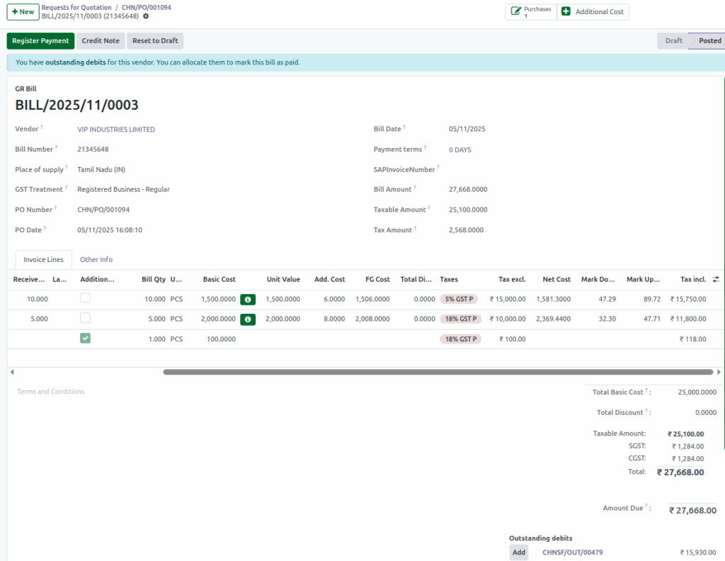 Odoo Purchase  Freight Charges with tax