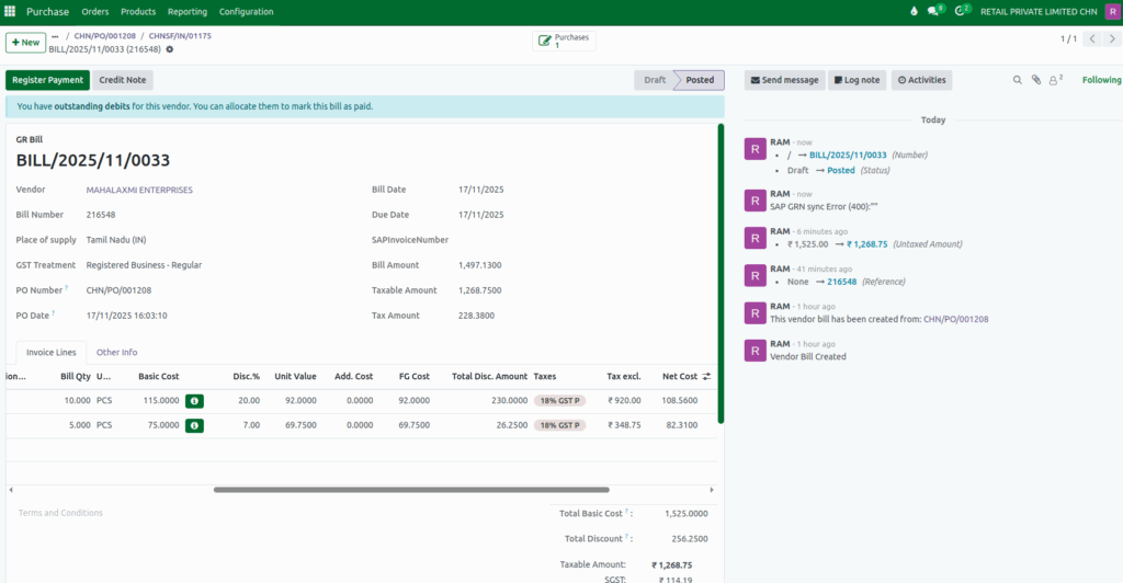 Odoo Purchase  GR Bill Values after Discount