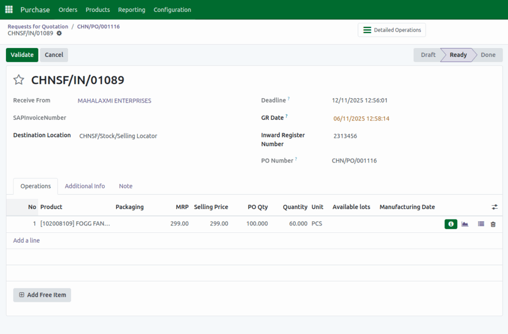 Odoo Purchase Open Goods Receipt