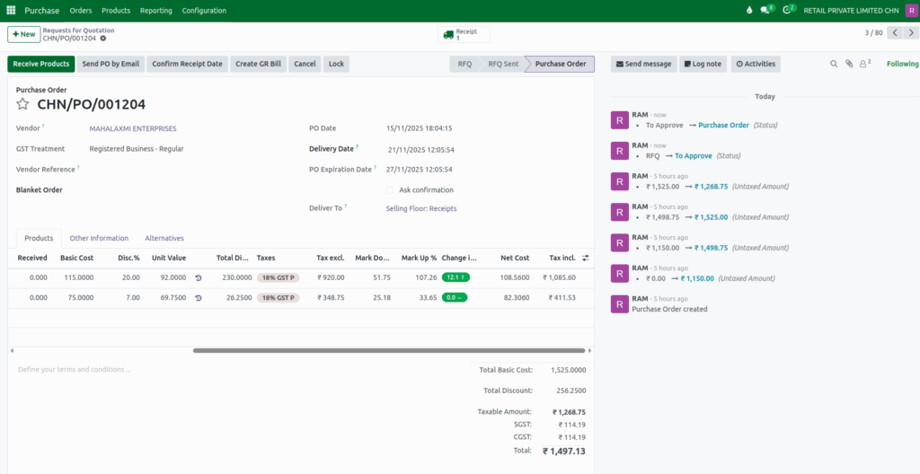 Odoo  Purchase  PO Values after Discount