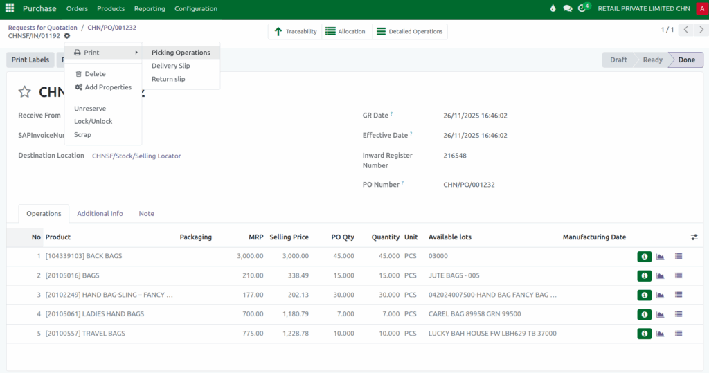 Odoo Purchase  Printing the Picking Operations