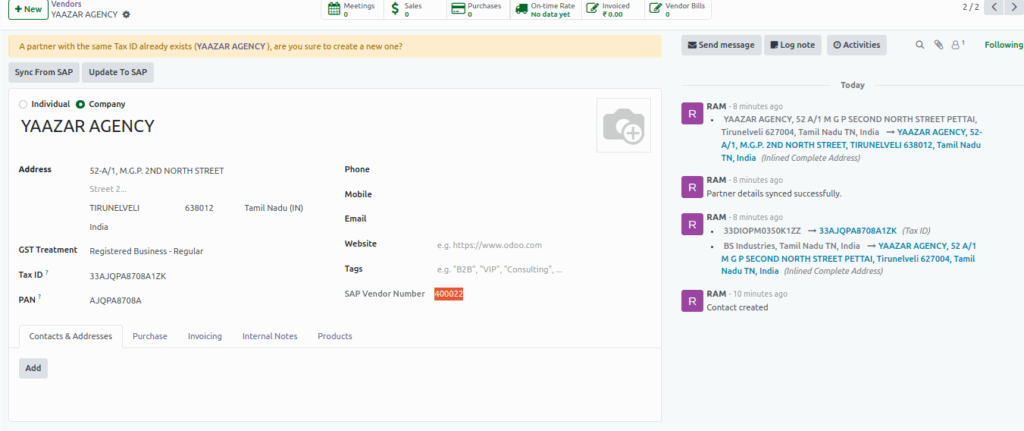 Odoo Purchase  Sync Vendor to SAP