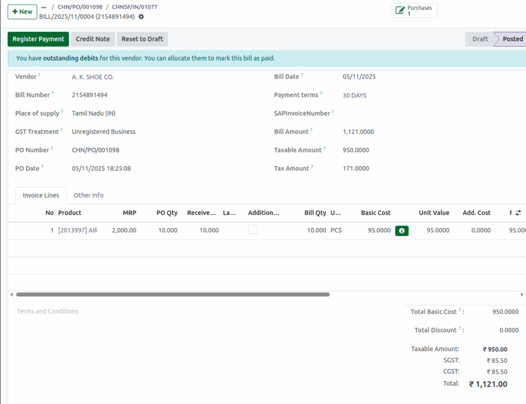 Odoo Purchase  Vendor Bill Amounts