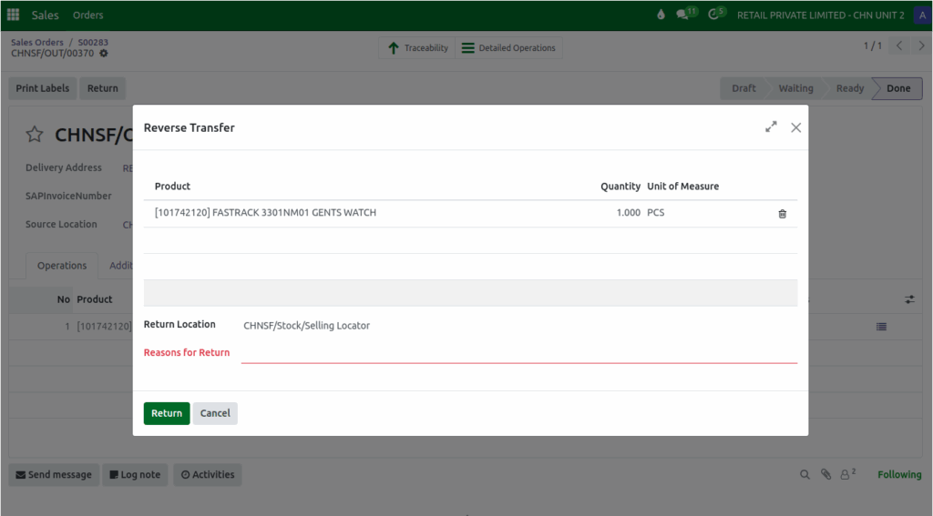Odoo  Sales  Return in Delivery Order