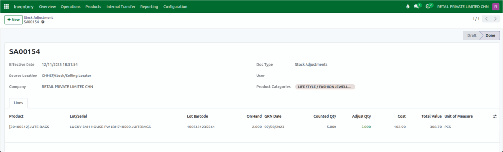 Odoo Inventory Completed Stock Adjustment