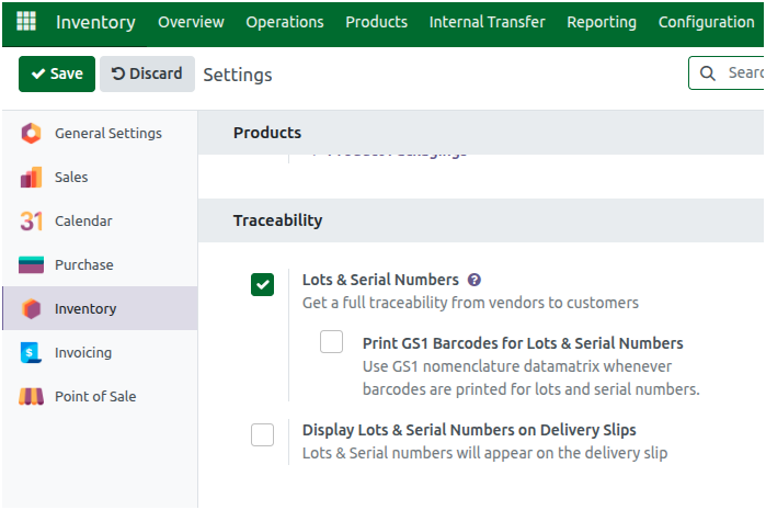 Odoo Inventory Configuration Lot and Serial Number