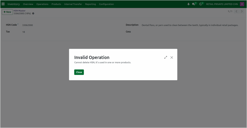 Odoo Inventory HSN Code Deletion