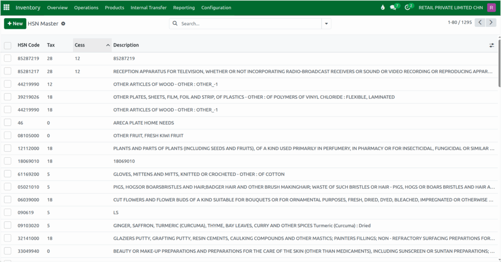 Odoo Inventory HSN Master Screen